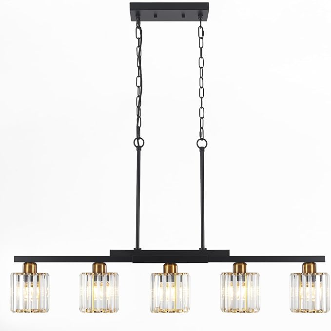 Kitchen Island Light Fixtures ，5 Lights Black and Gold Chandeliers for Dining Room Over Table, Modern Luxury Crystals Pendant Lighting Hanging