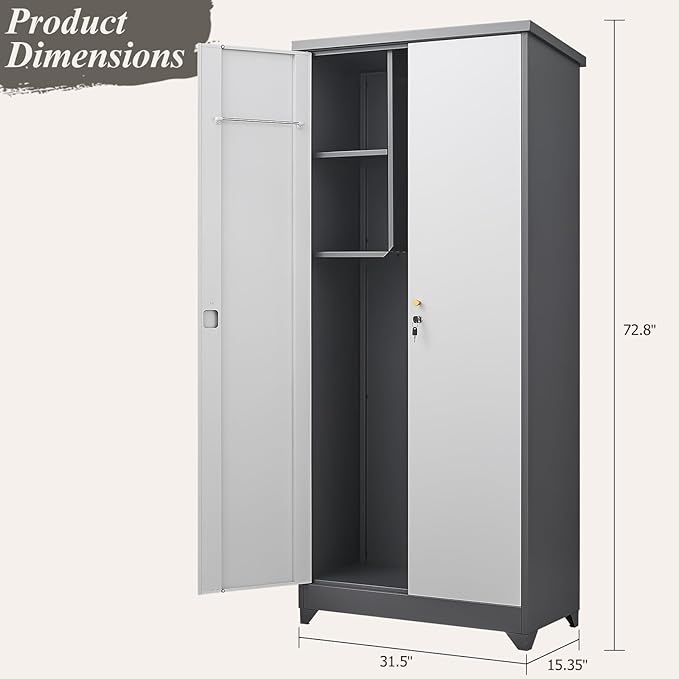 GREATMEET 72.8" Outdoor Broom Storage Cabinet, Waterproof Outdoor Shed, Metal Storage Cabinets for Cleaning Supplies with Slanted Roof, Utility Closet, Broom Mop Cabinet, Grey&White