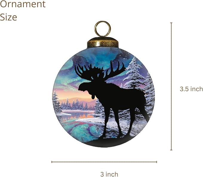 Moose Christmas Ornament – Northern Lights Winter Forest Scene – Reverse Hand-Painted Glass Wildlife Holiday Decoration – Gift-Ready with Keepsake Box