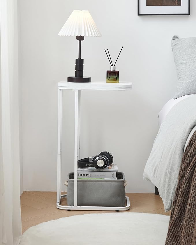 C Shaped End Table, 27 Inches High Small Side Table for Sofa and Bed, Couch Table Slides Under, Tall Tv Tray Table for Living Room, Bedroom, Metal Frame, Snow White