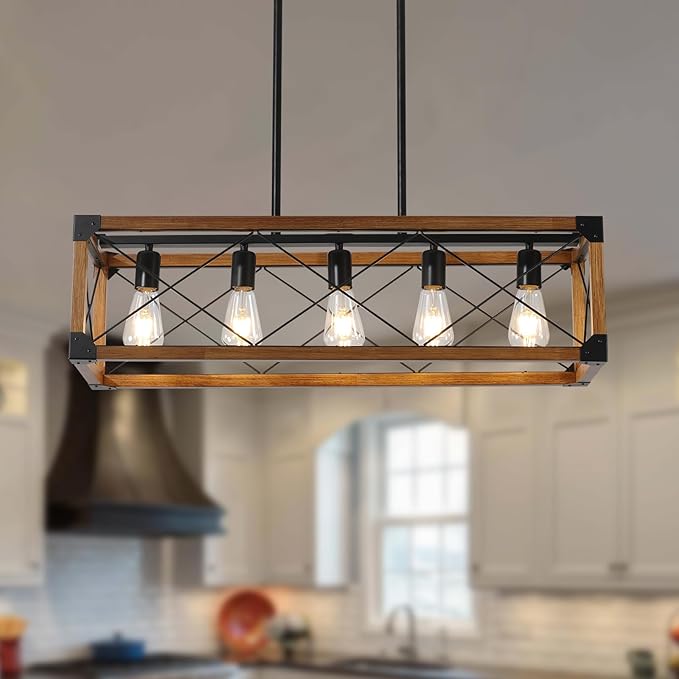 Dining Room Light Fixture, Farmhouse Chandelier, Kitchen Island Lighting, Rustic 5 Light Pendant Chandeliers, Country Wood Island Lights