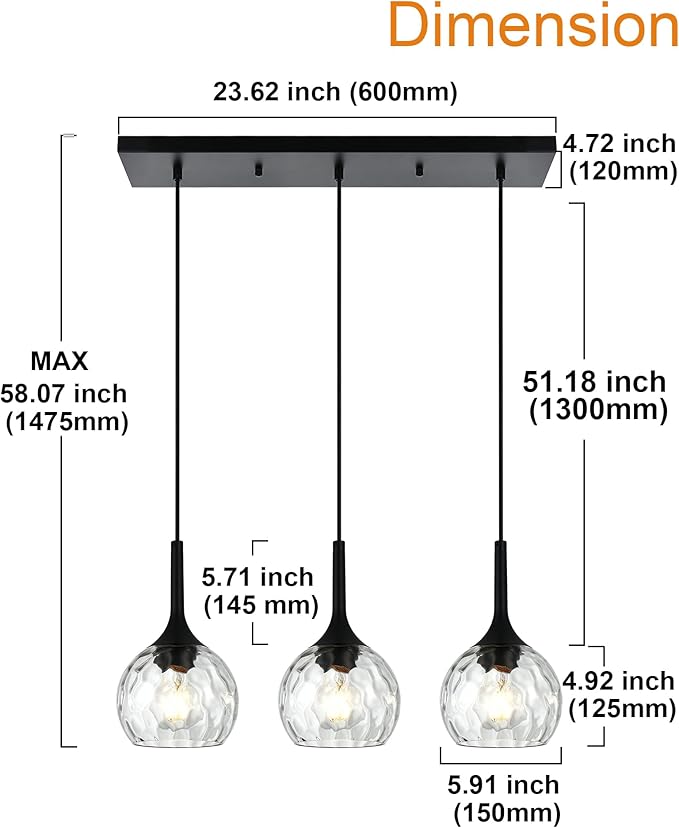 VINLUZ Linear 3-Light Hanging Pendant Kitchen Island Light in Black Finish, Modern Chandelier with Round Ribbed Glass Shades for Dining Room and Hallway