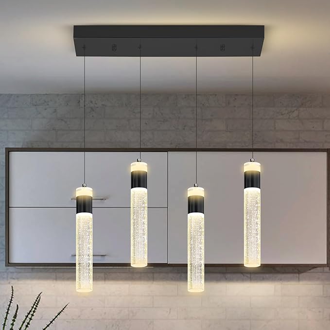Dimmable 4-Light Pendant Lights Kitchen Island Modern LED Crystal Ceiling Light for Dinning Room Living Room 32W Black