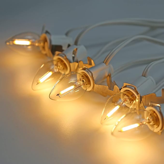 KGC LED Accessory Cord with 5 Pieces C7 Light Bulbs, 9FT White Cord with On/Off Switch Plugs - C7 led Bulb Warm White with Spare Fuse for Holiday Decoration and Craft Village House Decoration 1 Pack
