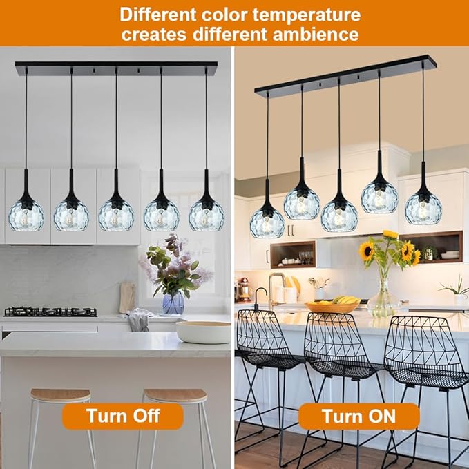 VINLUZ Farmhouse Chandelier 5-Light Classic Pendant Light with Blue Round Ribbed Glass Shade, Black Finish Linear Hanging Lighting Dining Room Light Fixture