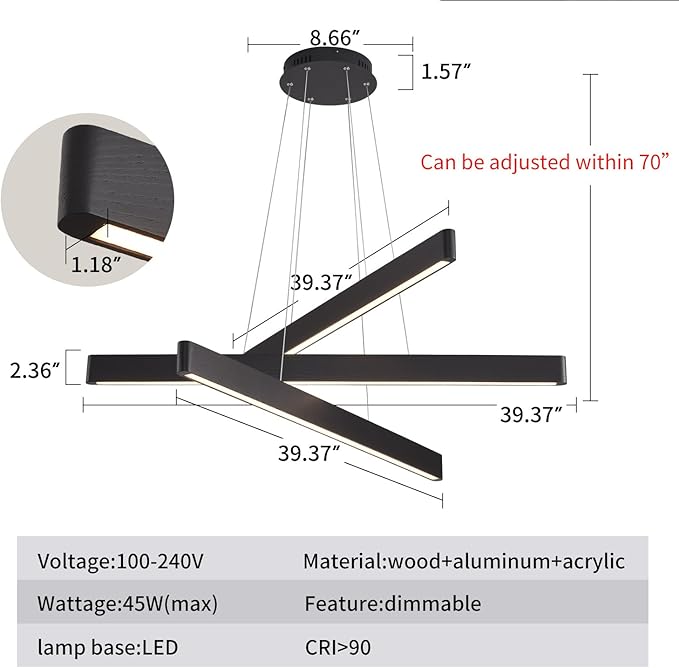 3-Light Solid Wood Black Linear Pendant Light - Dimmable Modern LED Chandelier for Dining Room Table Kitchen Island Living Room Ceiling - 45W Warm Light Adjustable Hanging Fixture Black