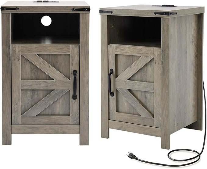 Grey Farmhouse Nightstand Set of 2, Rustic End Table with Barn Door and Shelf, Bedside Table with Charging Station for Living Room, Bedroom