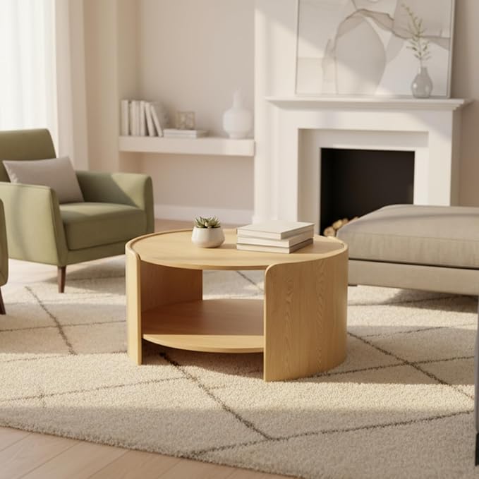 DUOMAY Wood Coffee Table, 31.5" Round Coffee Table with Storage Shelf Mid Century Modern Center Table for Living Room Apartment, Natural Oak Color