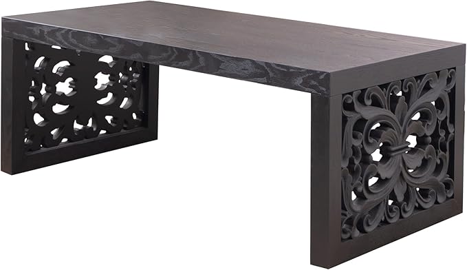 Rectangular Coffee Table with Handcrafted Ornate Side Panels, Rustic Center Table with Solid Wood Veneered, Farmhouse Tea Table for Living Room Office Apartment,47.2" L x 23.6" W x 17.9" H
