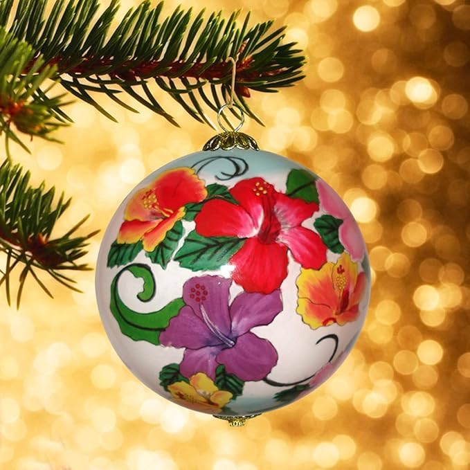 Colorful Hibiscus Kauai Christmas Ornament Hand Painted Glass 15B/K