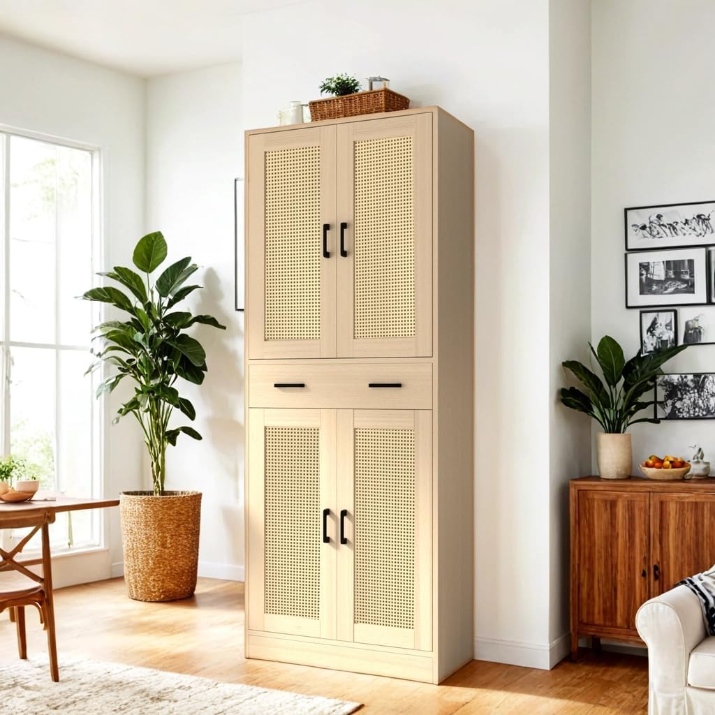 71" Tall Oak & Rattan Pantry Cabinet - Boho Chic Kitchen Storage with Doors & Drawer for Dining Room, Hallway or Kitchen Organization
