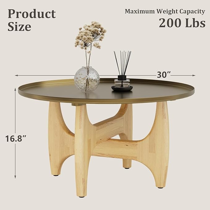 ACEDÉCOR 30“ Round Coffee Table, Brushed Gold Center Table with Low-Rim Edge Tray Top and Solid Wood X-Cross Base for Living Room Office Apartment