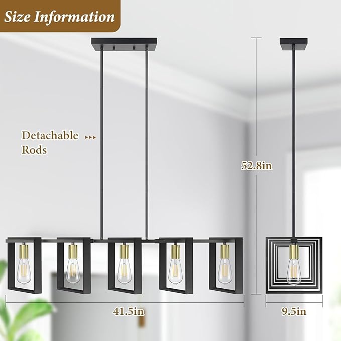 5-Light Black Gold Dining Room Light Fixture, 53’’ Farmhouse Wood Chandelier Kitchen Island Lighting Over Table, Modern Black Rectangular Hanging Pendant Light Fixture for Living Room, E26 Sockets