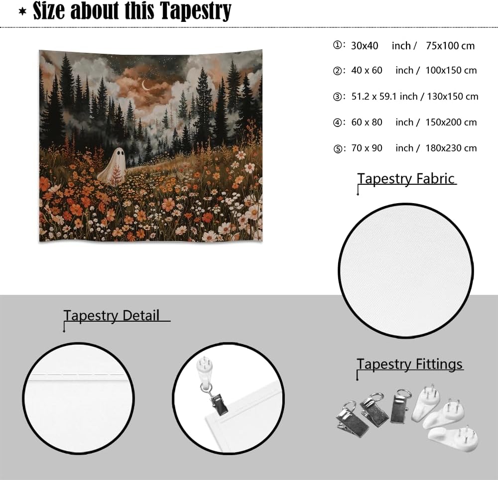 Spooky Fall Forest Art Halloween Tapestry Wall Hanging Cute and Funny Forest Flower Ghost Tapestry for Bedroom Whimsical Dark Academia Aesthetic Tapestries for Home Living Room Decor 50x60inch