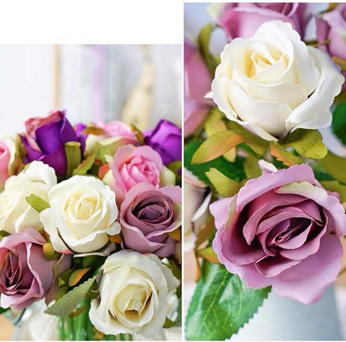 Jasion Artificial Roses Flowers 12 Heads Arrangement Silk Bouquet for Home Office Parties Bridal and Wedding Decoration Without Vase (Purple)