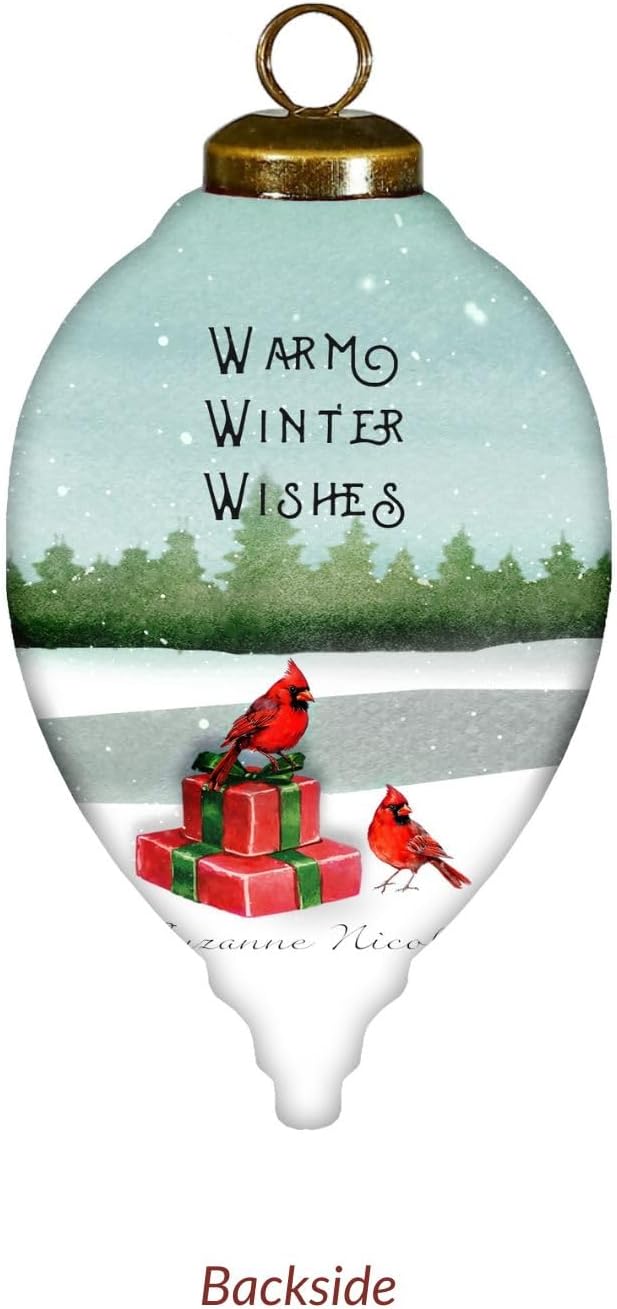 Hand-Painted Glass Fox Ornament – Woodland Christmas Decoration with Santa Hat, Cardinals, and Gifts – “Warm Winter Wishes” Reverse-Painted Collectible with Gift Box – 4.5” Teardrop Ornament