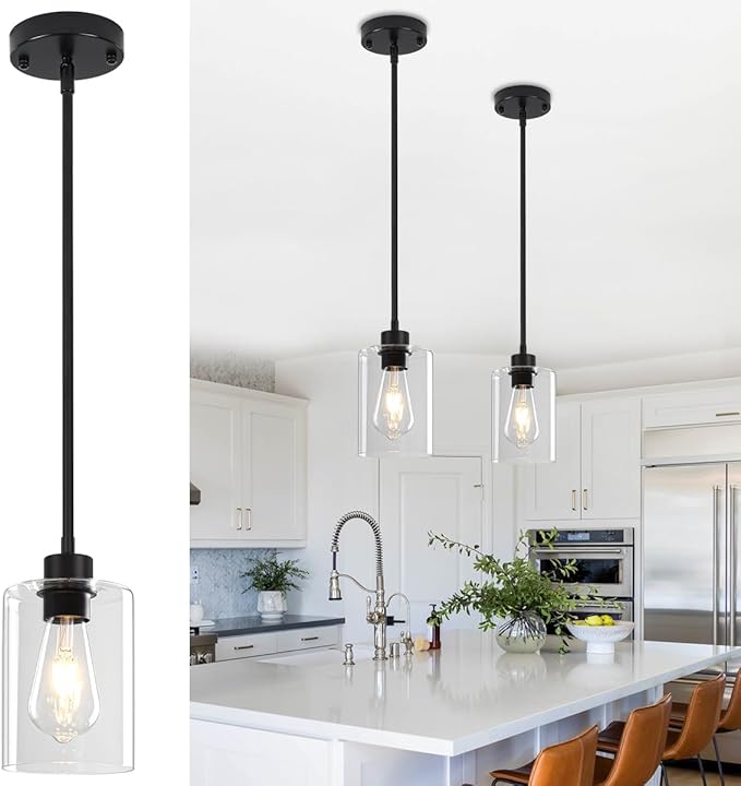 Glass Pendant Lights Kitchen Island 2 Pack, Modern Pendant Lighting Over Island Black Farmhouse Kitchen Hanging Light Fixtures Adjustable Mini Chandeliers for Hallway Entryway Bedroom Dining Room