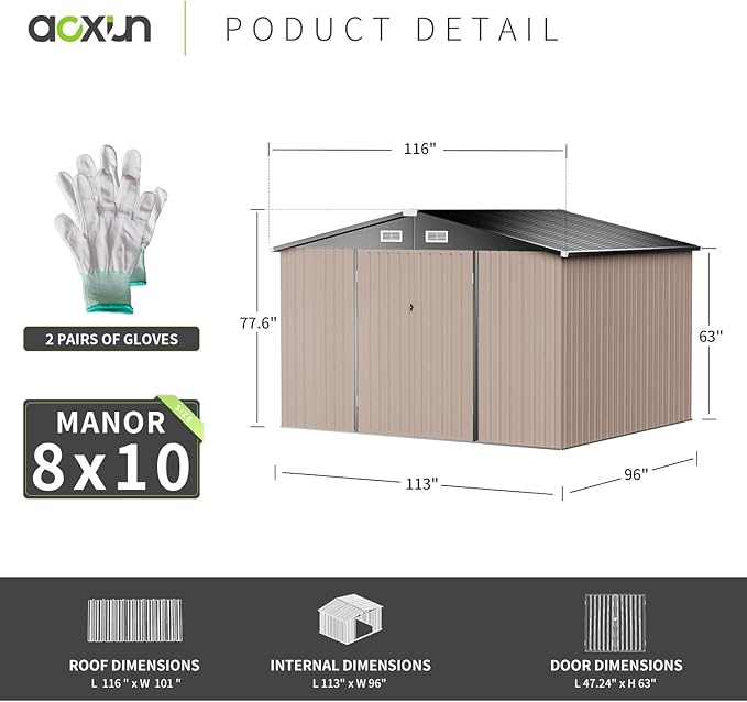 Aoxun 8x10 FT Shed Outdoor Storage Shed with Base, Large Shed Steel Utility Tool Shed Storage House with Door & Lock, Metal Sheds with Sloped Roof for Garden Patio Lawn Poolside, Brown