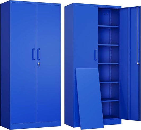 Yizosh Metal Garage Storage Cabinet with 2 Doors and 5 Adjustable Shelves - 71" Steel Lockable File Cabinet,Locking Tool Cabinets for Office,Home,Garage,Gym,School (Blue)