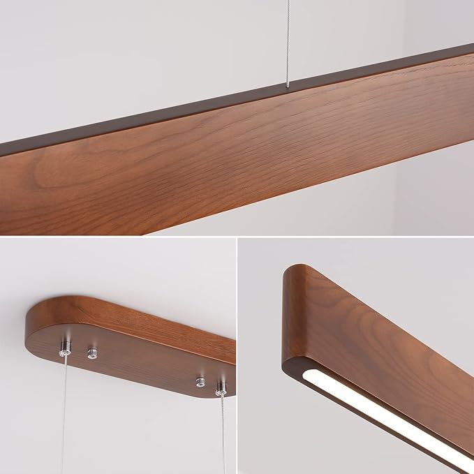 39.4" Wood Linear Pendant Light 24w Led Dimmable Dining Room Light Wood Kitchen Island Pendant Hanging Light for Kitchen Island Office Lights Walnut Color