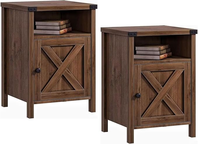 Catrimown Farmhouse, End Table, Nightstand, Side Table, Set of 2 End Table with Barn Door and Shelf, Rustic Oak Nightstand Set of 2, Bed Side Table End Tables for Living Room, Bedroom Room, Oak
