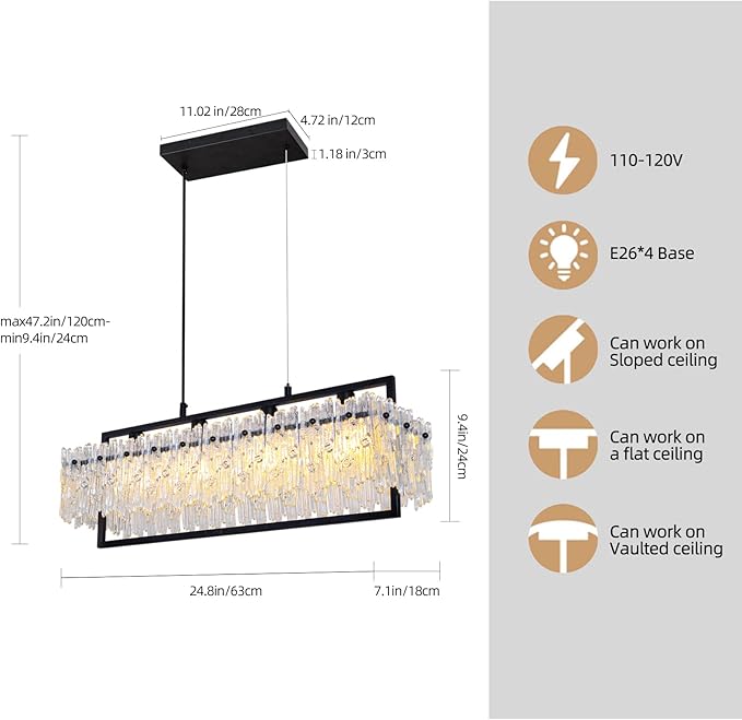 MantoLite Dining Room Light Fixture Modern Rectangle Golde Crystal 4-Light Chandeliers for Dining Room 25" Linear Farmhouse Lighting Fixture for Kitchen Island Light Living Room