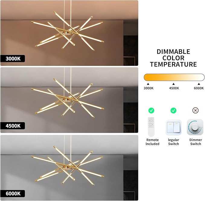 Modern Gold Chandelier, 12-Light LED Linear Pendant Light Fixture, Dimmable Gold Chandeliers for Dining Room, Living Room, Bedroom, Kitchen Island
