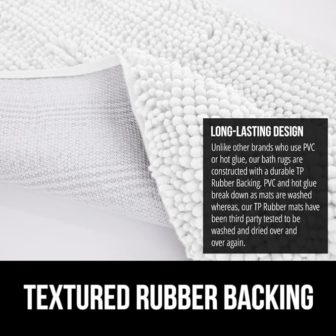 GORILLA GRIP Bath Rug Mat, Thick Soft Absorbent Chenille, Quick Dry Microfiber Mats, Rubber Backing Washable Shower Floor Rugs, US Designed Bathroom Bathmat Home Decor Accessories, 24x17, White