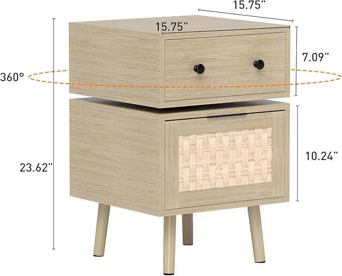 Bonzy Home Nightstand with Storage, 23" Side Table with Woven Doors, Bedside Table with 360° Rotating for Living Room, Bedroom, Oak