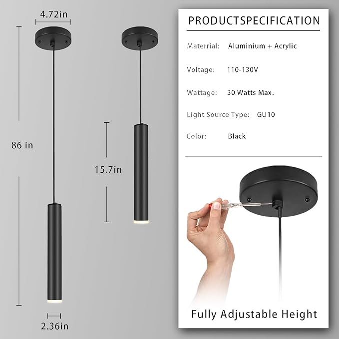 Modern Black Pendant Light Fixture for Kitchen Island, 1-Light Pendant Lighting, Lights Cord Adjustable, Matching GU10 lamp Holder,for Living Room Bedroom Dining Room