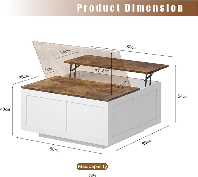 Lift Top Coffee Table with Storage, 31.5" Square White Coffee Table with Large Hidden Storage, Wood Living Room Table Center Table for Living Room Dining Reception Room