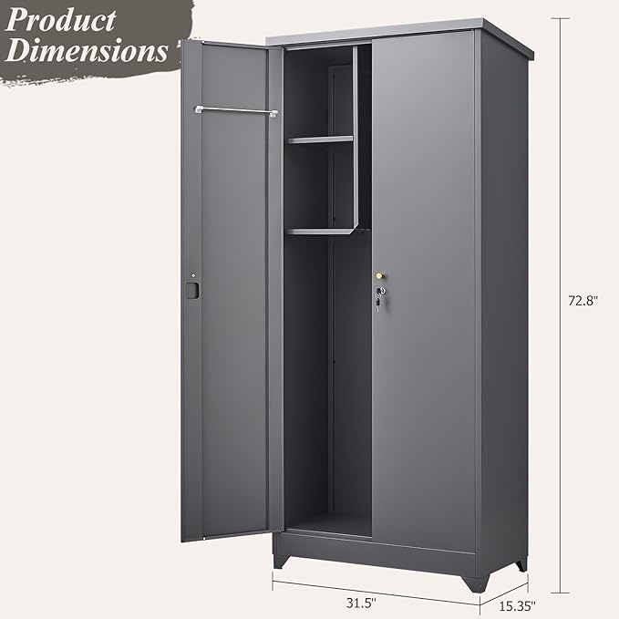 GREATMEET 72.8" Outdoor Broom Storage Cabinet, Waterproof Outdoor Narrow Storage Shed, Metal Storage Cabinets for Cleaning Supplies with Slanted Roof, Utility Closet, Broom Mop Storage Cabinet, Grey