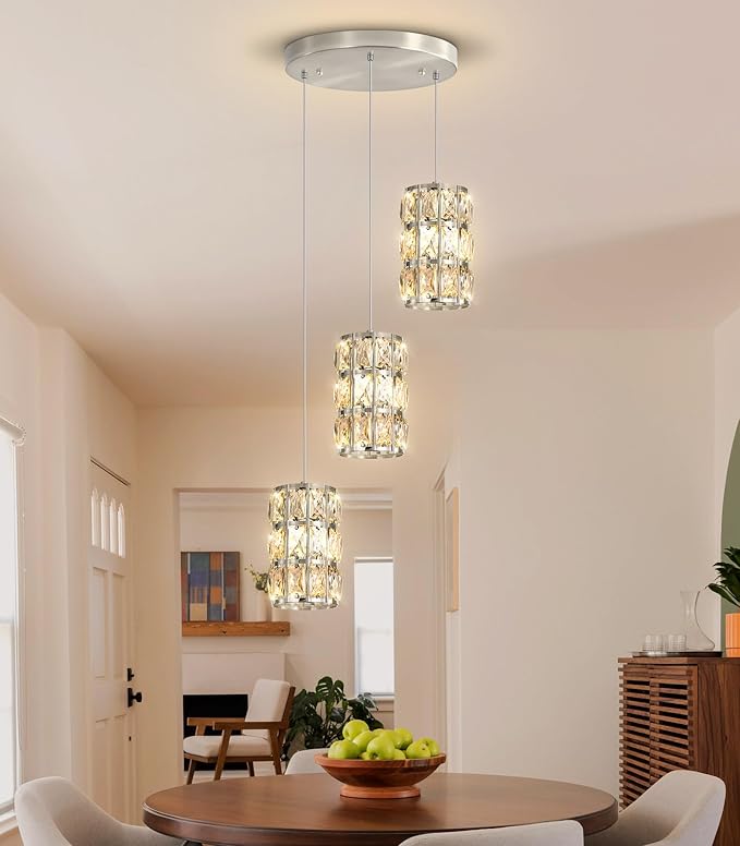 3-Lights Modern Crystal Pendant Lights for Kitchen Island LED Dimmable Glam Pendant Lighting Chandelier for Dining Room Hallway Corner Lamp Nickel
