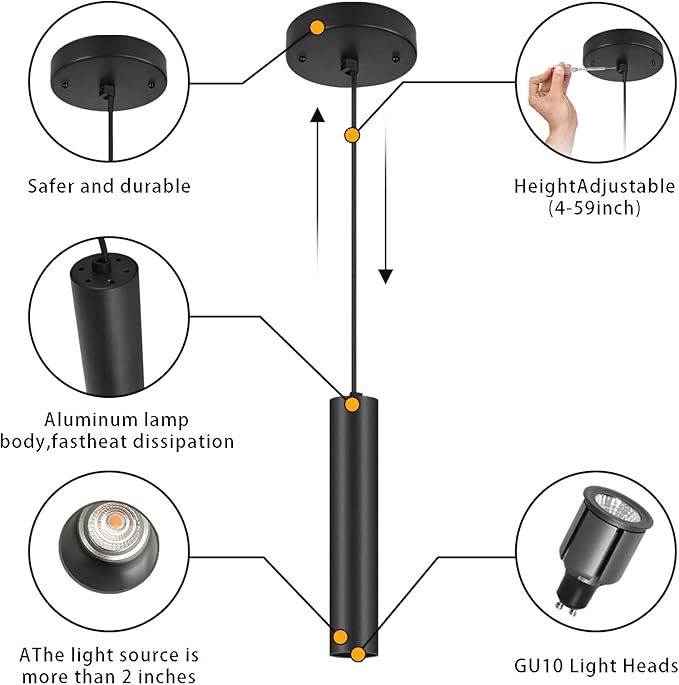 Modern Black-on-Gold Cylindrical Chandelier, 1-Light Pendant with Adjustable Cord, Matching GU10 Socket for Living Room, Bedroom and Dining Room (2 Pack)