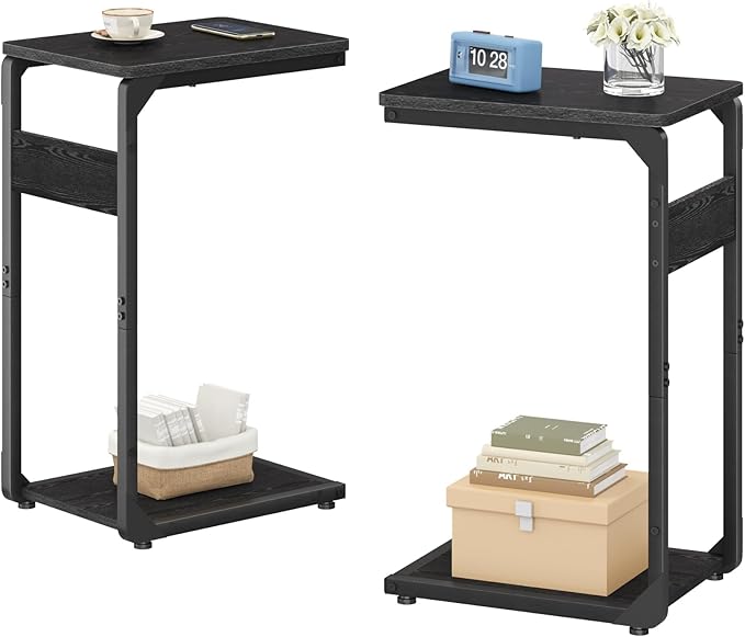 Narrow C-Shaped End Tables, Sofa TV Trays Set of 2, Tray Table Small Couch Side Table for Living Room, Bedroom, Bedside ET-YB-BK2