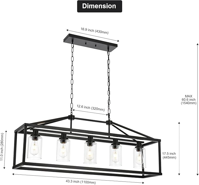 BONLICHT Kitchen Island Lighting 5 Light Modern Farmhouse Metal Cage Chandeliers with Clear Glass Shade Black Industrial Rectangle Dining Room Light Fixture Hanging Pendant Lamp for Foyer Bar Entryway