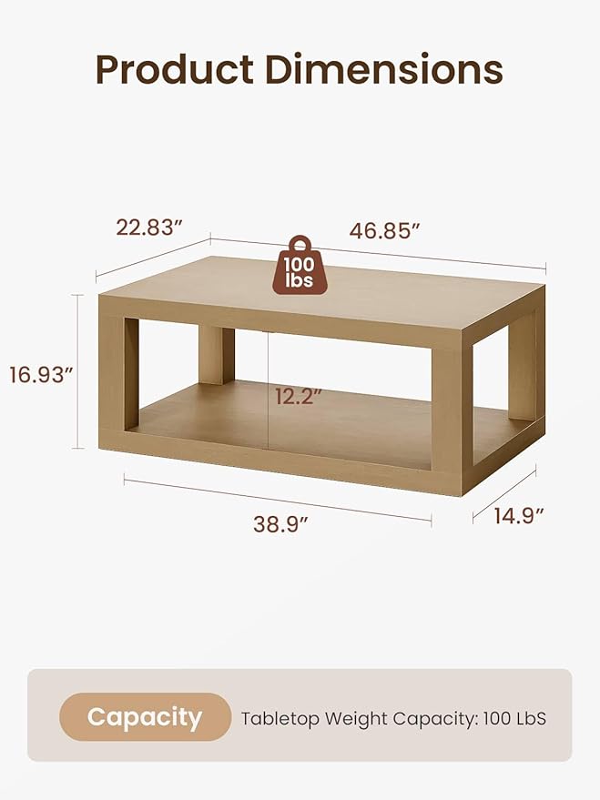 Wooden Coffee Table, 47" Rectangle Coffee Table with 2-Tier Storage Space, Large Farmhouse Center Table Space Saving, Coffee Tables for Living Room Home Office Apartment, Easy Assembly