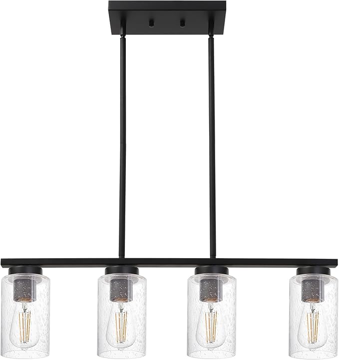 TODOLUZ Black Kitchen Island Light with Seeded Glass Shade, 4-Lights Farmhouse Chandelier Ceiling Pendant Lighting Fixture for Dining Room