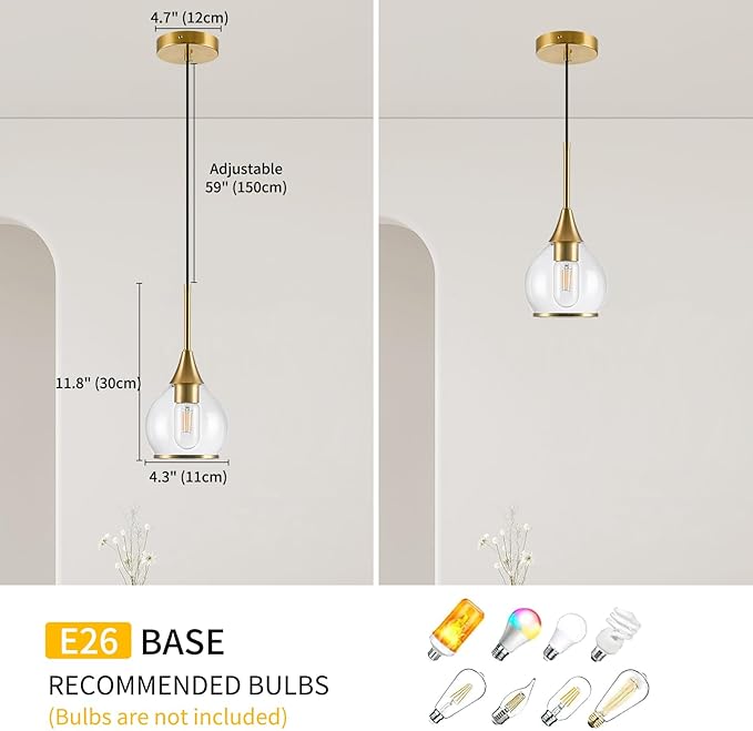1-Piece Island Light for Kitchen, 1-Light Gold Kitchen Island Hanging Pendant Light, Brushed Gold Dining Room Light Fixture Over Table with Clear Round Glass Shades