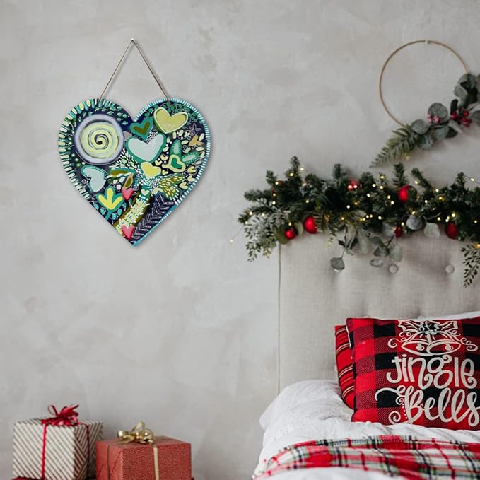 FKKA Front Porch Decor Farmhouse, Happy Tree Wall Art, Metal Heart Wall Decor for Bedroom, Easy Hanging with A Hanging Rope, Blue, Gift