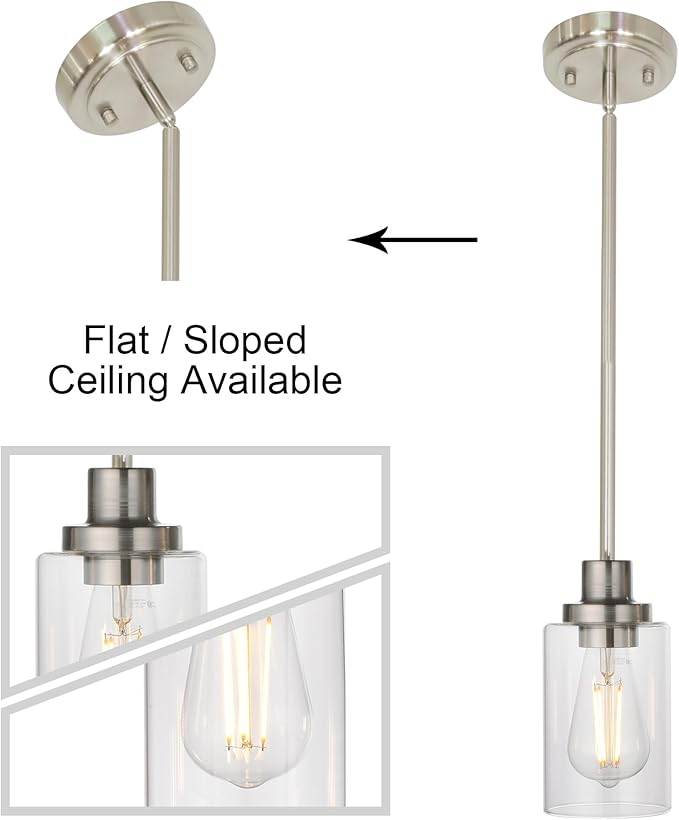 MELUCEE 3 Pack Kitchen Island Pendant Lighting Adjustable Hanging Ceiling Lamp Brushed Nickel Finish with Clear Glass Shade for Bar Dining Room Corridor Living Room Bedside