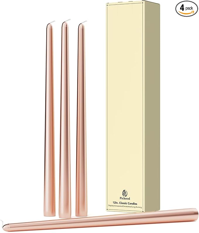 12-Inch Tall Dripless Taper Candles Set of 4 - Rose Gold Tapered Candles, Perfect for Spring - Smokeless, Unscented, Long Burning - Hand Poured, Colored Tall Candlesticks - Rose Gold