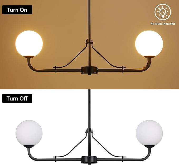 2 Lights Black Linear Chandelier, Mid Century Modern Kitchen Island Lighting, Dining Room Light Fixtures Over Table Hanging, Milk White Globe Glass Shade
