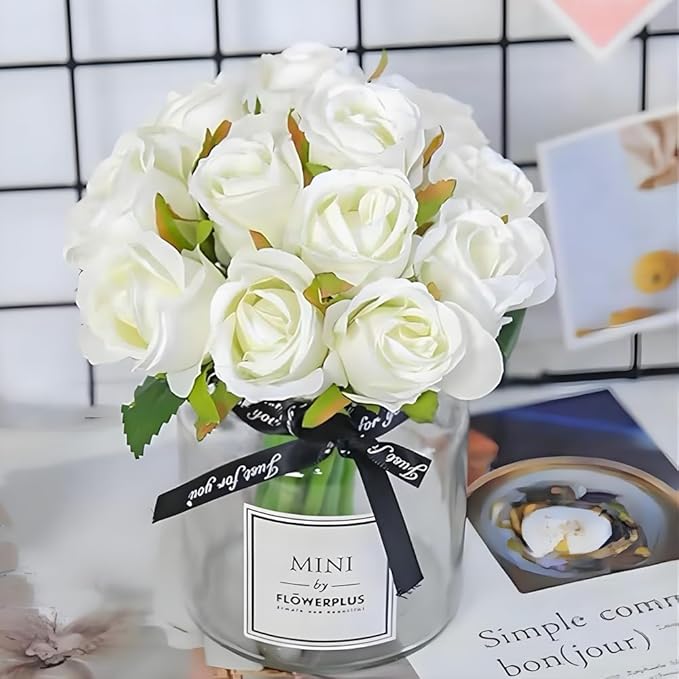Jasion Artificial Roses Silk Flowers 12 Heads DIY Arrangement Bouquet for Home Office Parties Table Centerpieces Bridal Wedding Decoration Without Vase (Spring White)