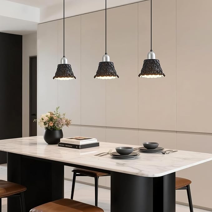Black Pendant Lights for Kitchen Island, French Vintage Resin Ceiling Hanging Lights Mini Chrome Pendant Light Fixture for Dining Room Bedroom Hallway Bar