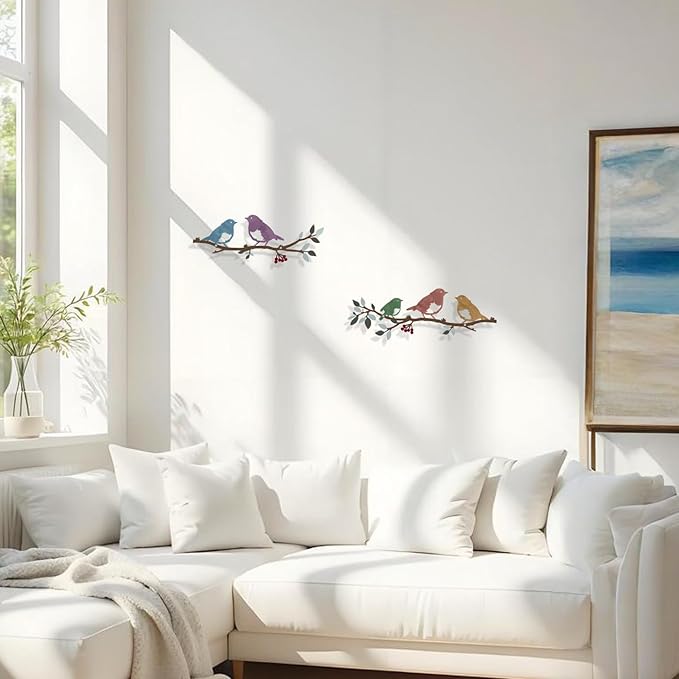 Harikikochuu 2 Pcs Metal Birds Wall Art Decor Robin Bird on the Branch Silhouette Art Metal Decorative Birds Hanging Wall Sculpture for Outdoor Balcony Garden Porch Décor(Colorful)