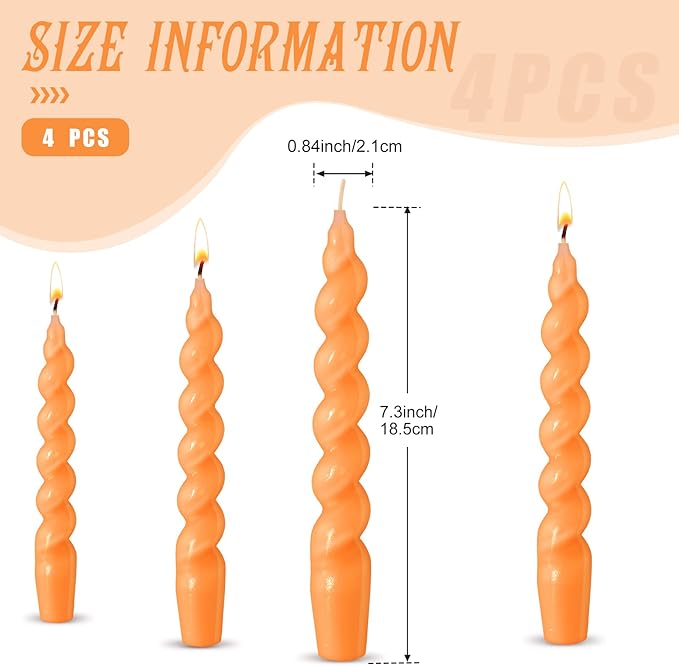 Zhengmy 4 Pcs Orange Spiral Taper Candle 7 Inch Twisted Long Wax Dinner Candlestick for Fall Halloween Christmas Holiday Valentines Wedding Birthday Baby Shower Table Decor(Solid)
