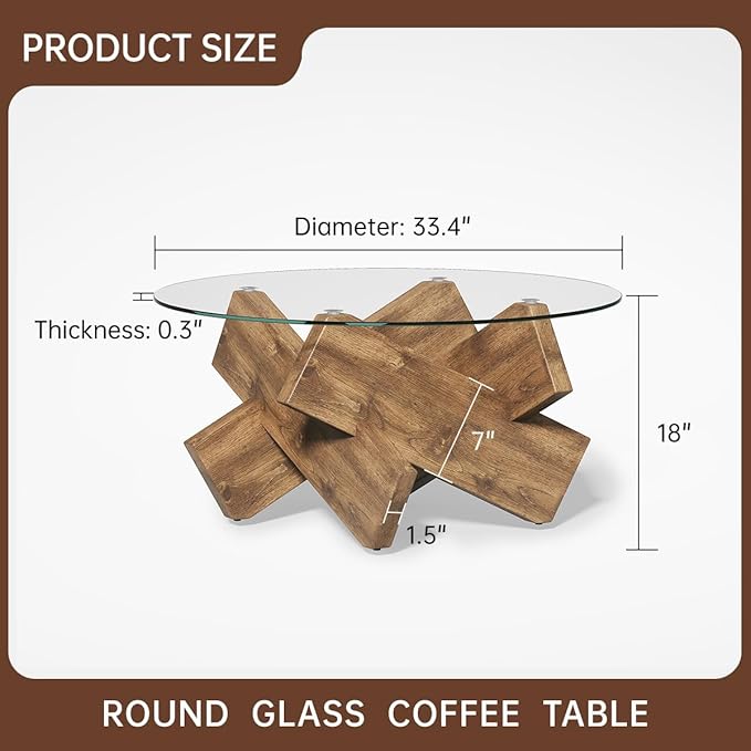 Natural Round Glass Coffee Table,33-Inch Coffee Tables for Living Room Clear Circle Accent Table Adapts to Farmhouse and Contemporary Decor
