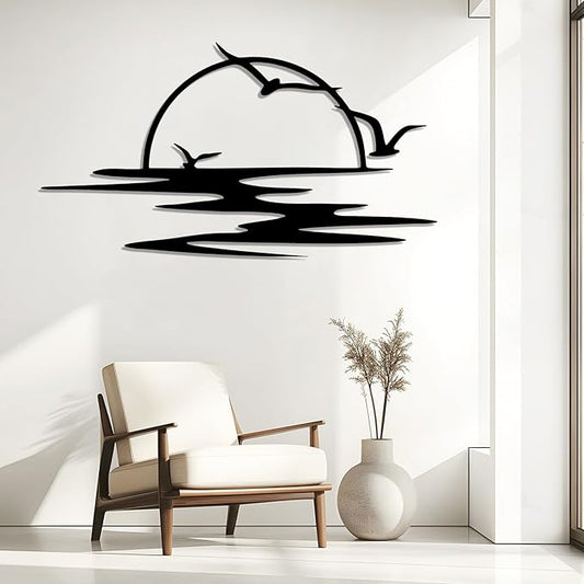 Sunrise Metal Wall Art, Seagulls Sunset Metal Wall Decor, Minimalist Sunshine Line Wall Art, Abstract Sunset Wall Decor, Sunburst Wall Hanging for Living Room (Black, 41"x22"/105x57cm)