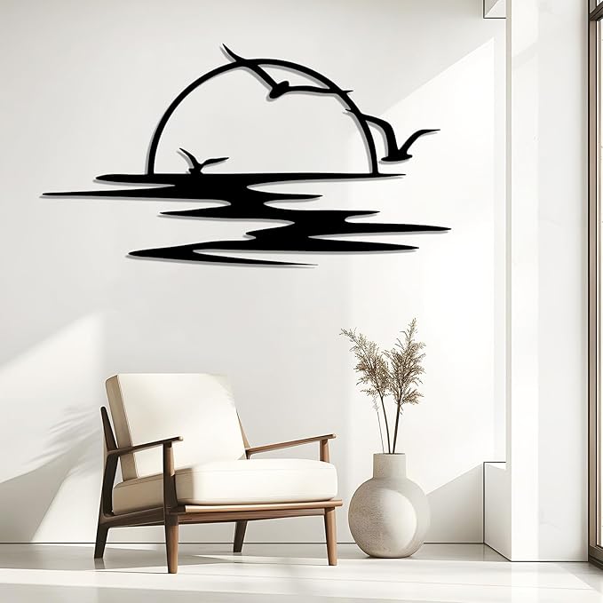 Chaser of Light Sunrise Metal Wall Art, Seagulls Sunset Metal Wall Decor, Minimalist Sunshine Line Wall Art, Abstract Sunset Wall Decor, Sunburst Wall Hanging for Living Room (Gold, 30"x16"/76x41cm)